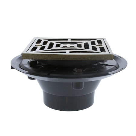 Jones Stephens 2in. x 3in. PVC Shower Drain with 2in. PVC Spud and 4in. Square Nickel Bronze Strainer and Collar D50141